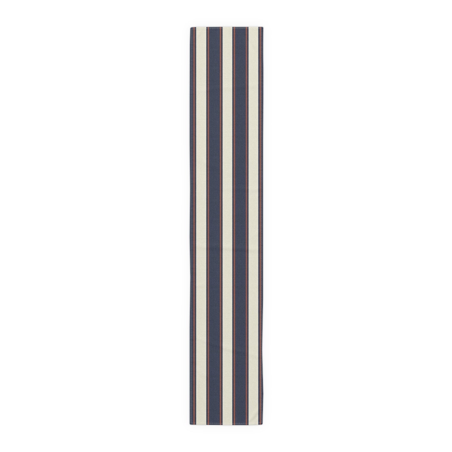 Coastal Regatta Cabana Stripe Table Runner - Classic cabana stripes in heritage red, ivory, and navy bring a polished coastal touch to everyday dining, summer gatherings, and elegant seaside entertaining.