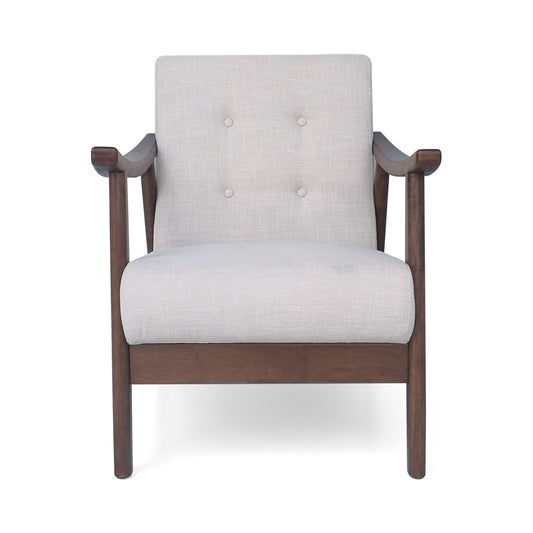 Accent Chair Mid-Century Tufted Beige Rubberwood Bent Arms 25x32x32 In