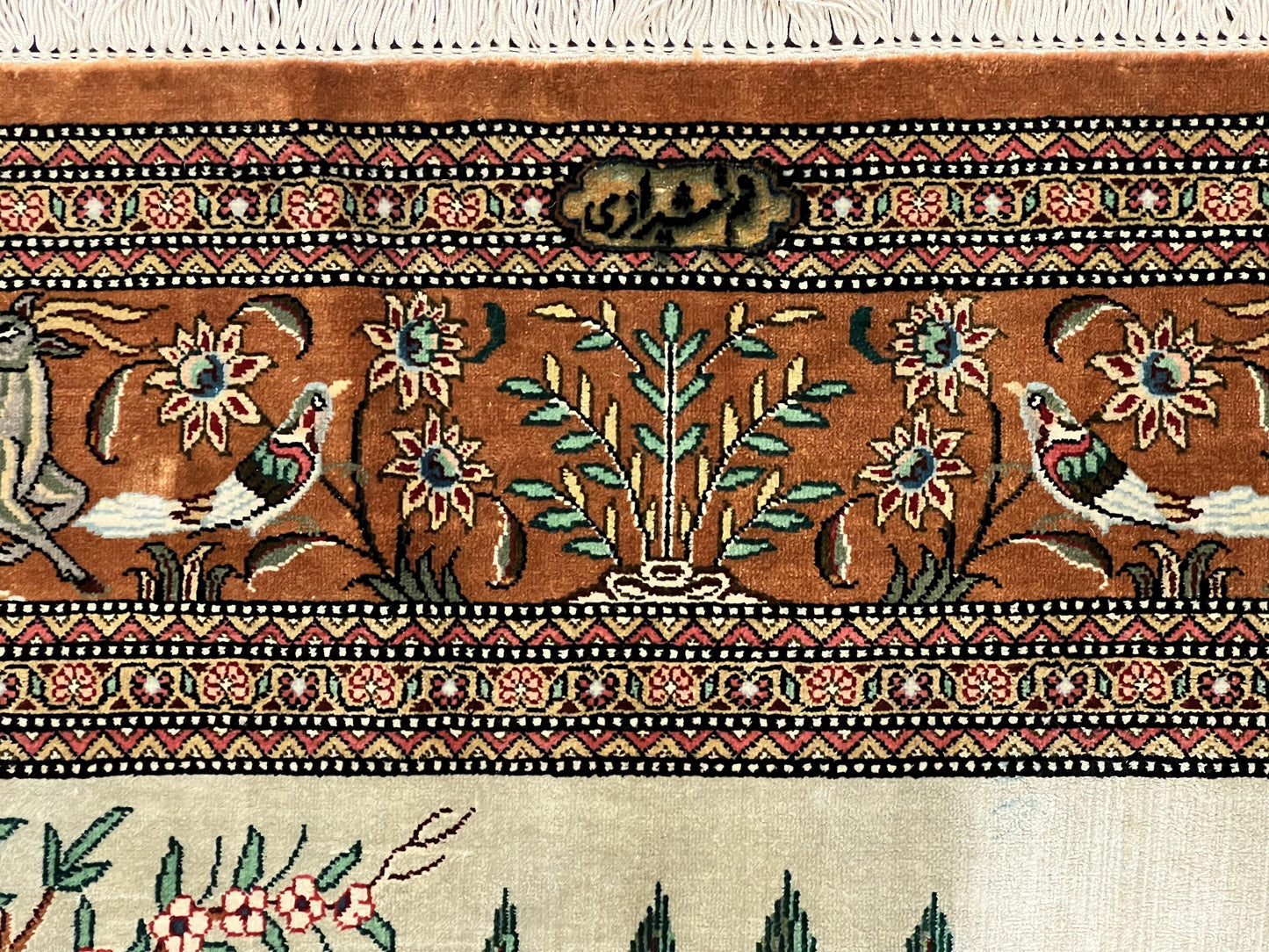 Silk Persian Qum Rug 3x5, Hunting Pattern, Handmade Vintage Carpet, Signed by Master Weaver, Horsemen Pictorials, Super Fine 650 KPSI