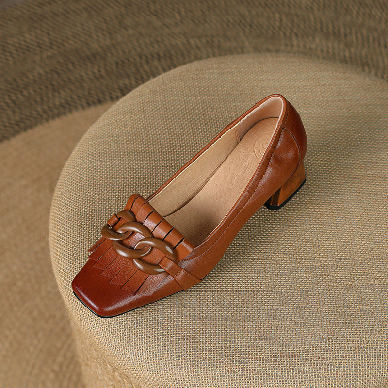 Fringed Chunky Heel Peep-Toe Leather Shoes with Chain Detail - Women's Mid Heel Slip-On Dress Shoes