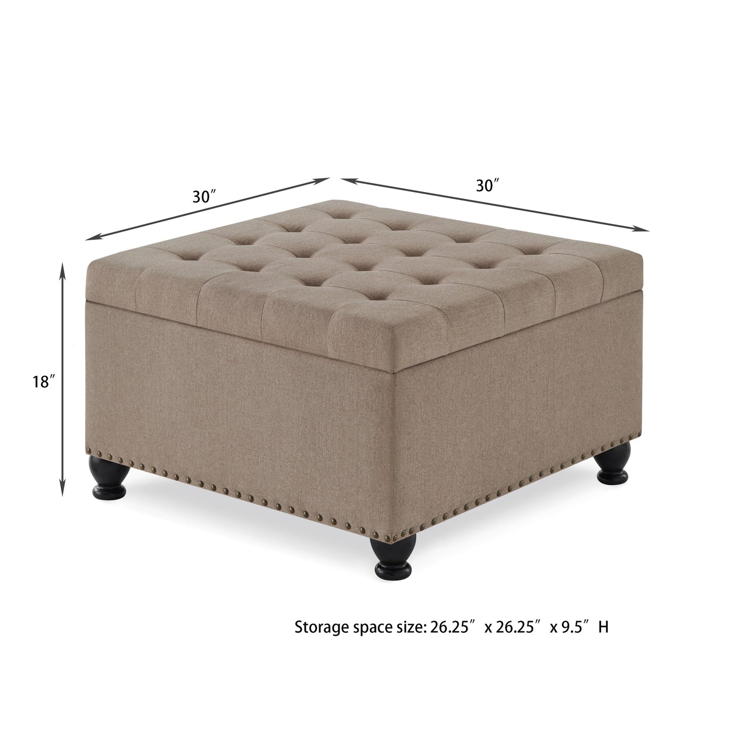Large Square Storage Ottoman Button Tufted Wooden Legs Linen, 30x30x18