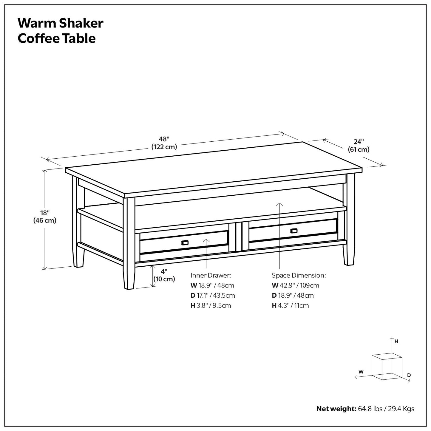 Ashcombe Shaker Coffee Table with Dual Drawers & Open Storage Shelf