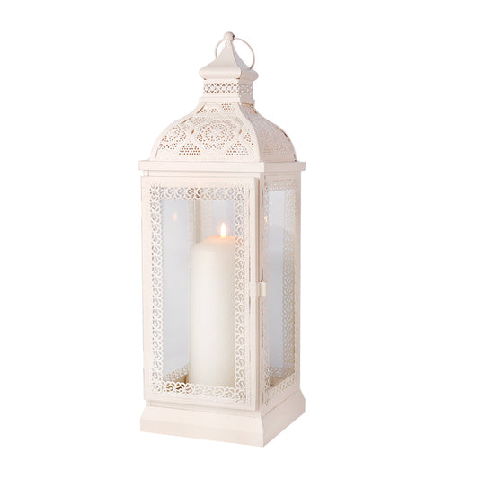 Rustic Metal Decorative Candle Lantern Hanging Candle Holder with Tempered Glass(White)