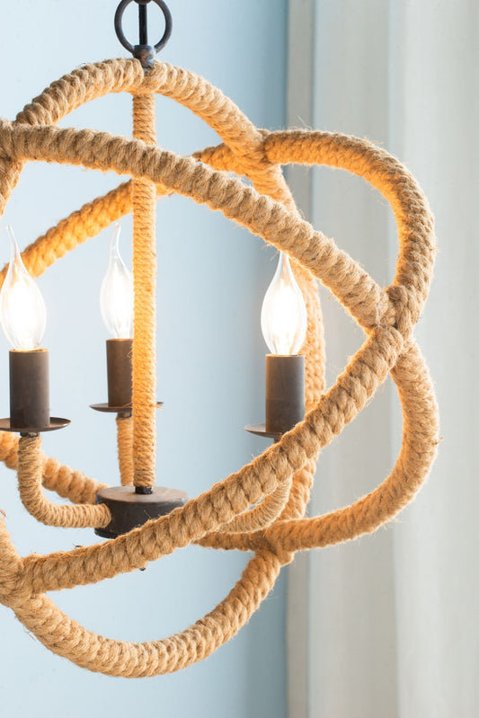 3 Light Farmhouse Chandelier, Rope Chandelier Globe Hanging Light Fixture With With Adjustable Chain For Kitchen, Bulb Not Included - Beige Brown