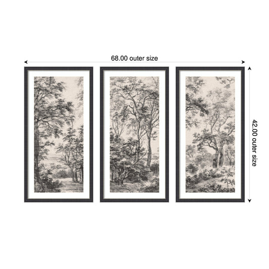 Wooded Landscape after 1648 Antonie Waterloo Linen Panel 3 Piece Framed Wall Art Print Set by Nostalgia Prints