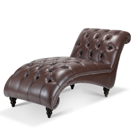 Chaise Lounge Armless PU Leather Dark Brown Tufted Foam Birch Legs 220 LB