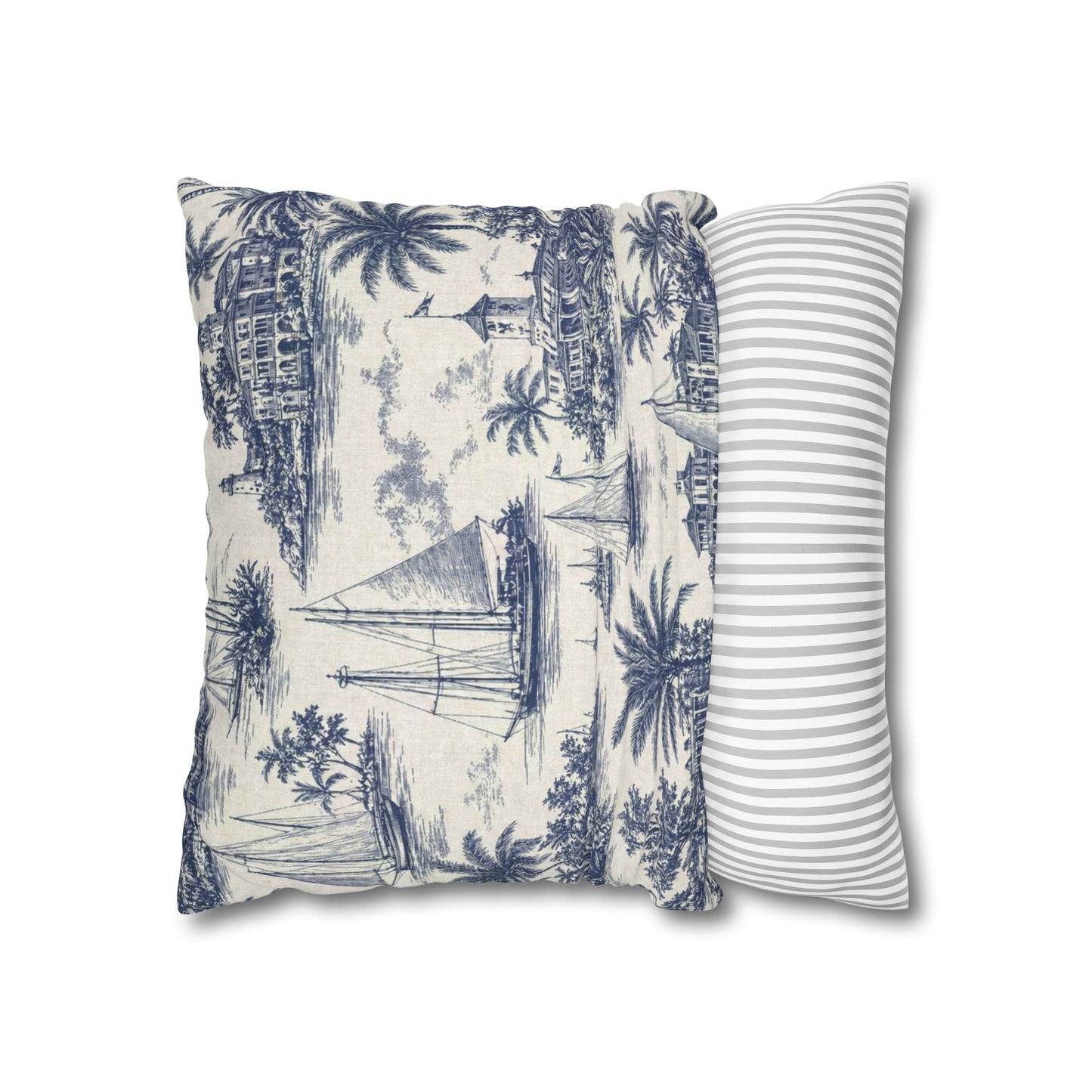 Nautical Toile Print Pillowcase | Square Poly Canvas Throw Pillow Cover 18x18