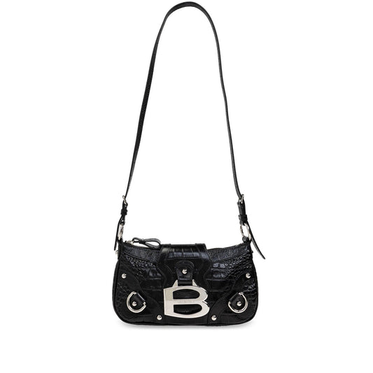 Balenciaga Croc-Embossed Leather Shoulder Bag – Black