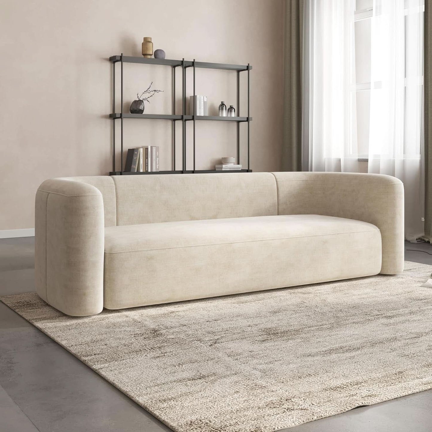 ** Cream Velvet 3 Seater Modern Sofa with Curved Backrest