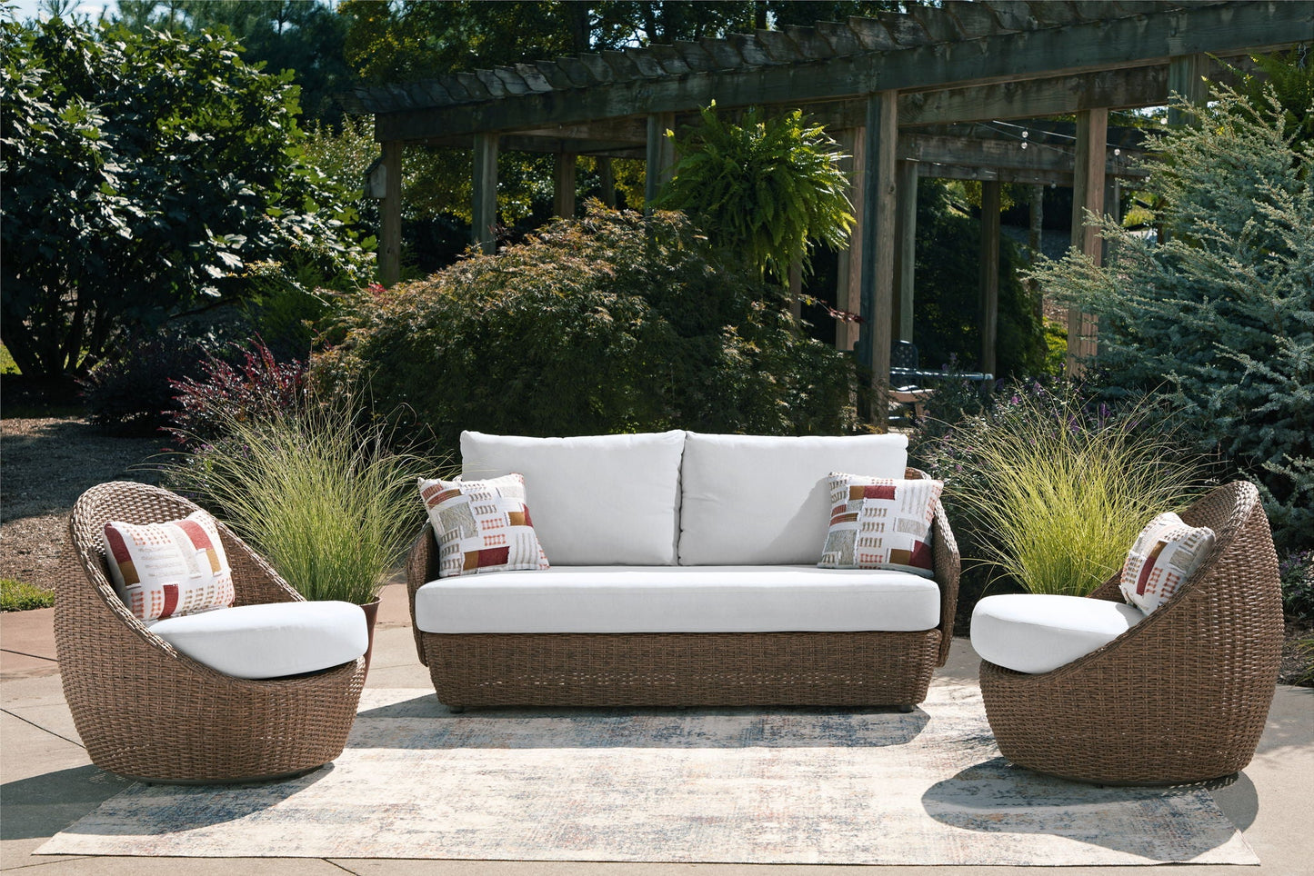 Double Point 3-Piece Woven Outdoor Lounge Set with Swivel Chairs – Beige