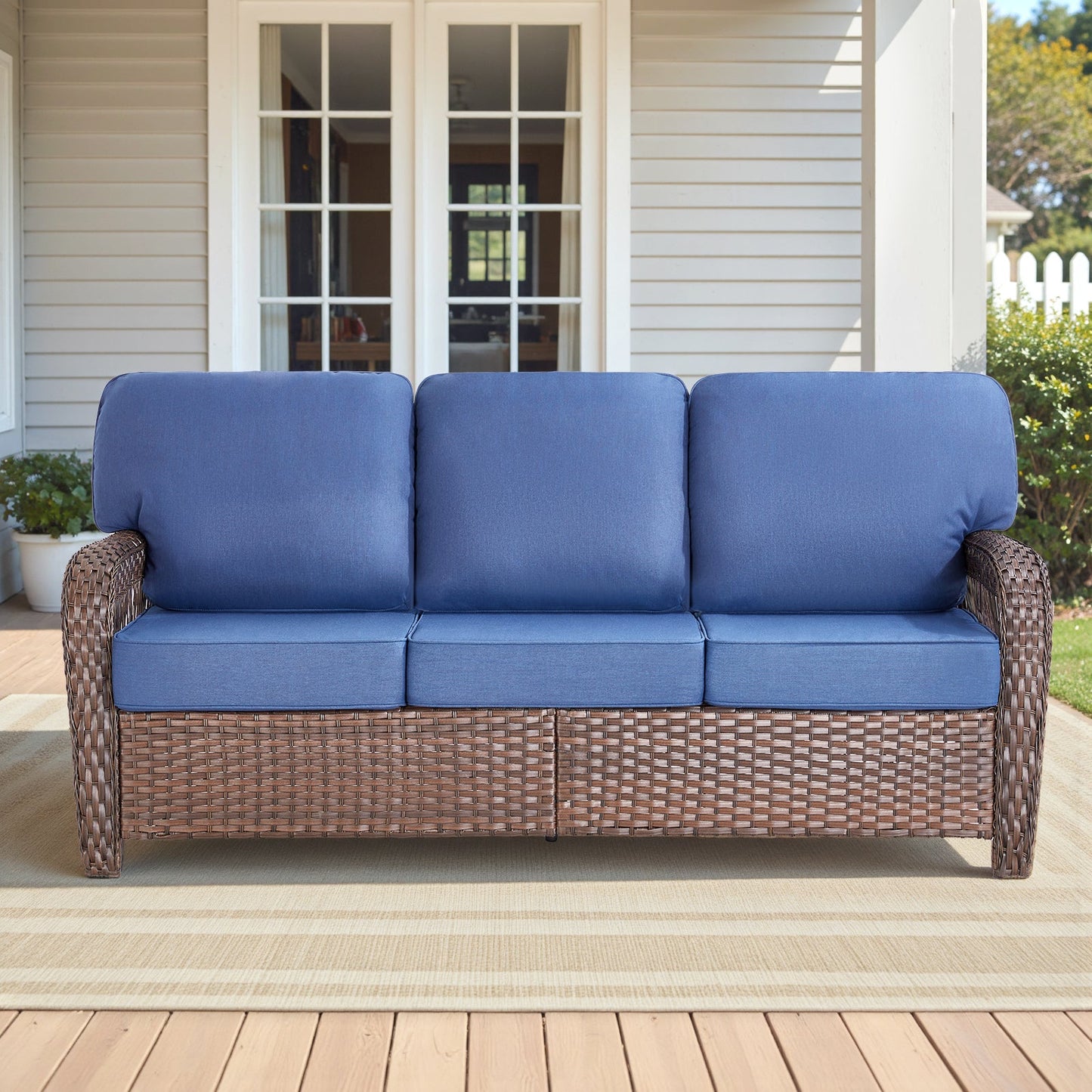 Outdoor Sofa PE Wicker Blue 3-Seat 75 in with T-Back Cushions