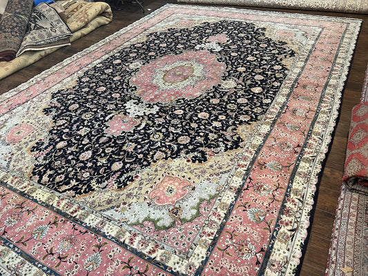 Magnificent Persian Tabriz Rug 11x16, Oversized Persian Carpet 11 x 16 ft, Wool on Silk Finely Hand Knotted, 450 KPSI, Floral Medallion, Black Pink