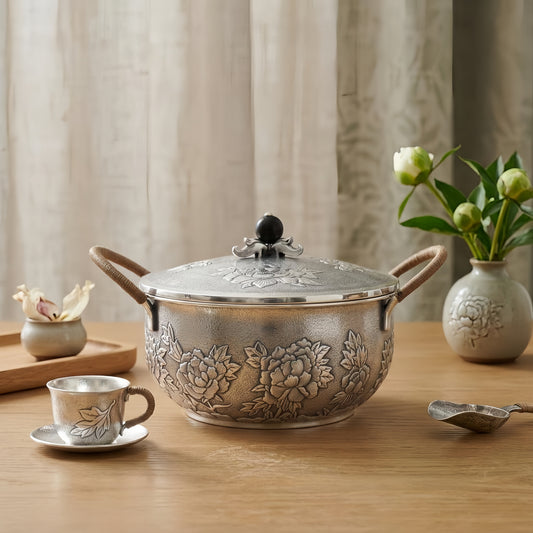 925 Sterling Silver Elegant Handcrafted Serving Pot with Floral Motifs and Wooden Handles-Premium Hot Pot - Handicraft