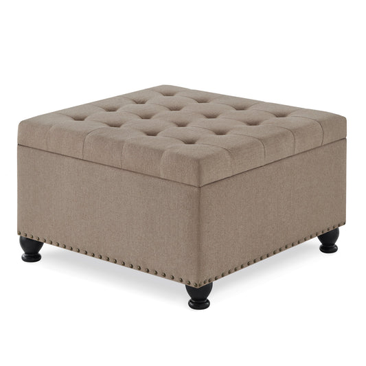 Large Square Storage Ottoman Button Tufted Wooden Legs Linen, 30x30x18
