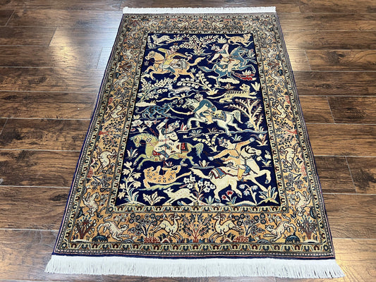 Vintage Persian Qum Hunting Scene Hand-Knotted Wool Rug – Navy & Mustard, 4' x 5'