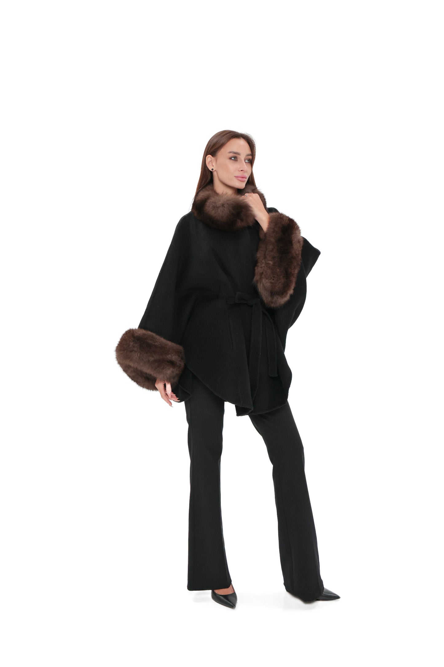 Genuine Polar Fox Fur Double Face Wool Poncho