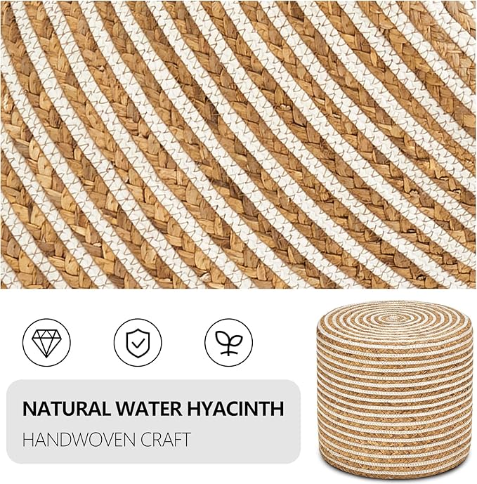 Harbor Weave Natural Water Hyacinth & White Cotton Ottoman – 18"