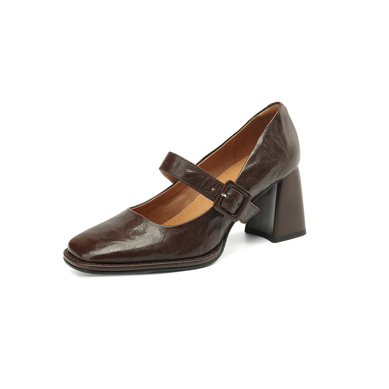 Women's Sheepskin Mary Jane Heels – Chunky Heel Buckle Strap Square Toe Shoes