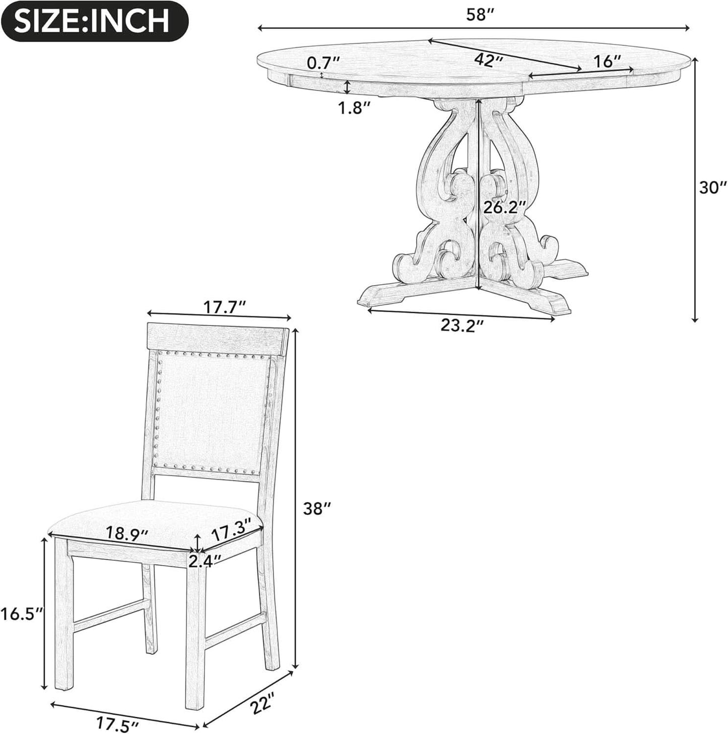 Round Solid Wood Extendable Dining Table Set with Four Matching Upholstered Chairs