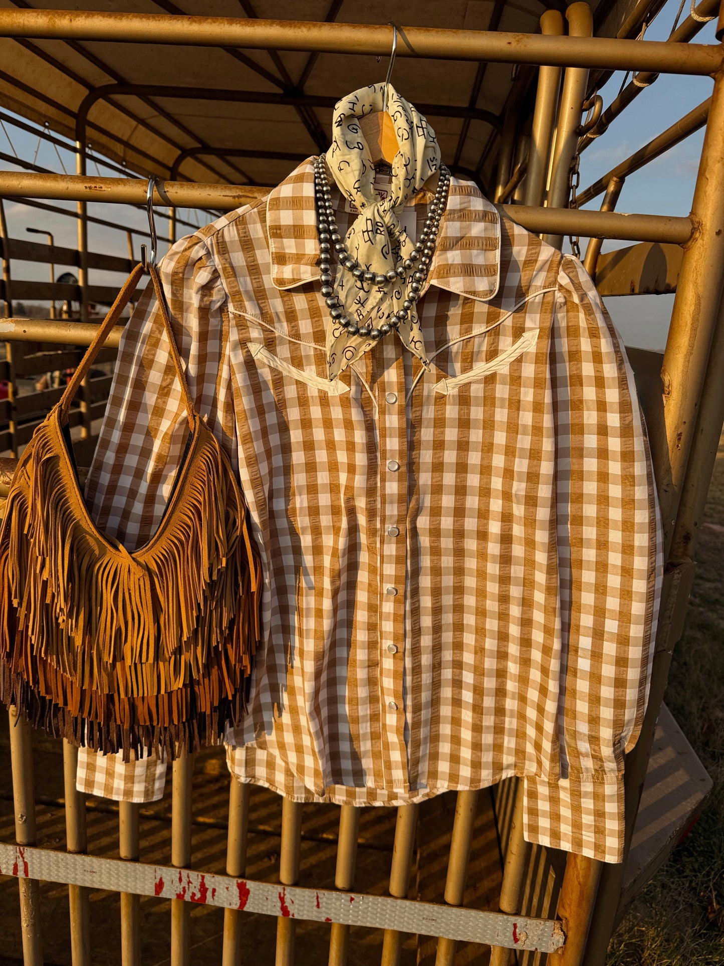 The Tan Gingham Pearl Snap Top-BEST SELLER