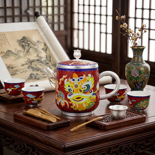 925 Sterling Silver Chinese Lion Dance Themed Ceramic Mug with Accents-Premium Indigo Tea Mug - Handicraft