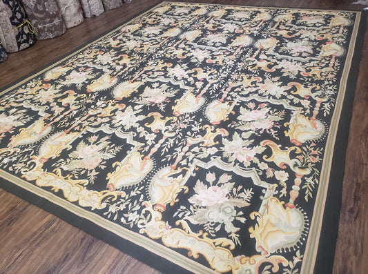 Vintage Black Aubusson Area Rug 8x10, Large Flowers Chinese Aubusson Carpet 7.9 x 10, Wool Hand-Knotted Floral Pattern Flat Weave Rug Nice