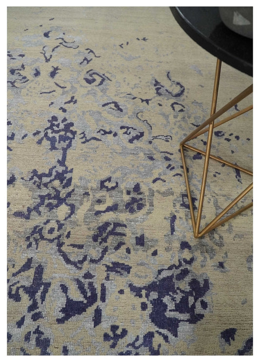 8x10 Beige, Blue and Silver Antique Style, Abstract Hand Knotted Low pile Wool Area Rug