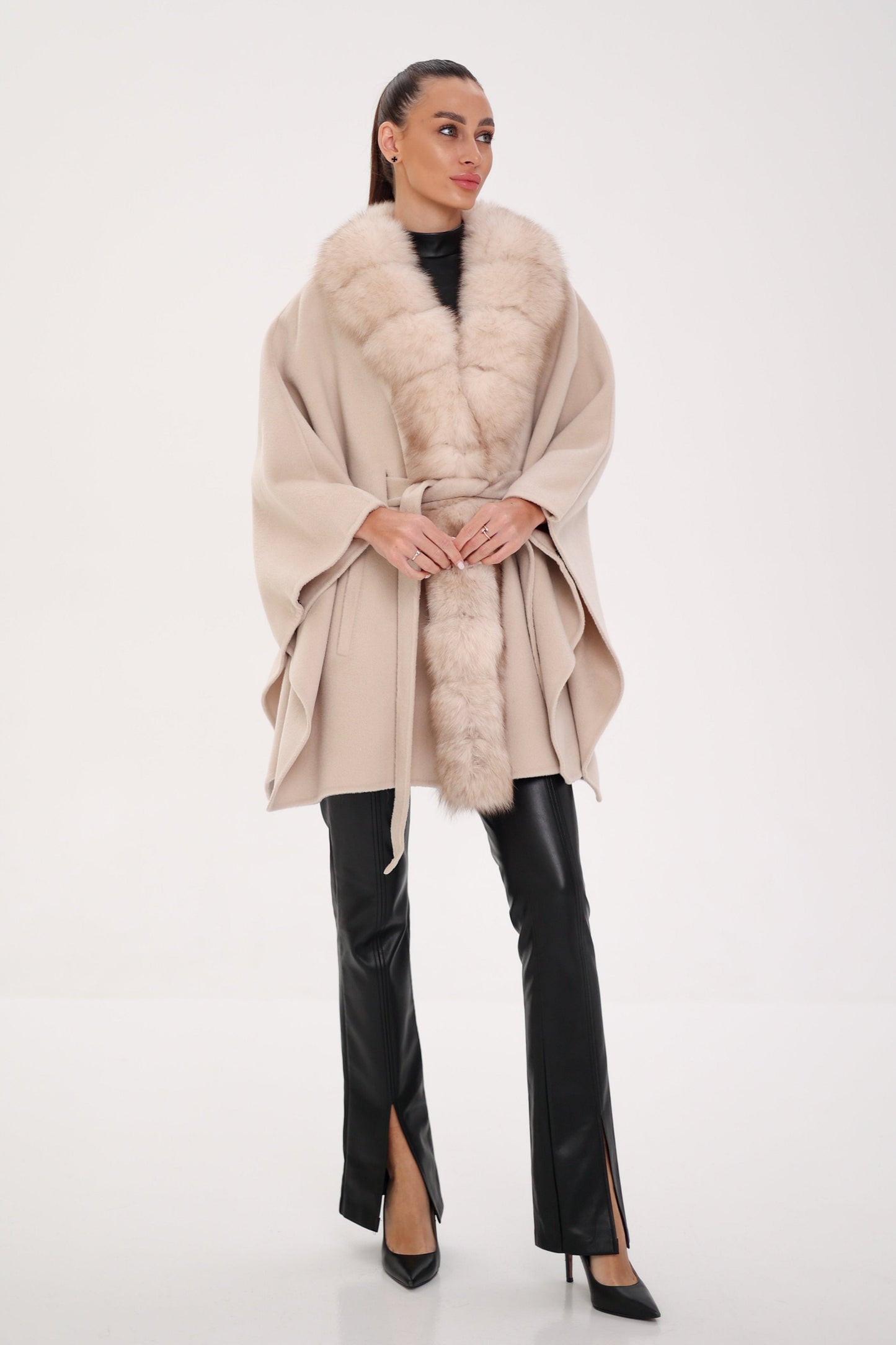 Genuine Polar Fox Double Face Wool Poncho Coat