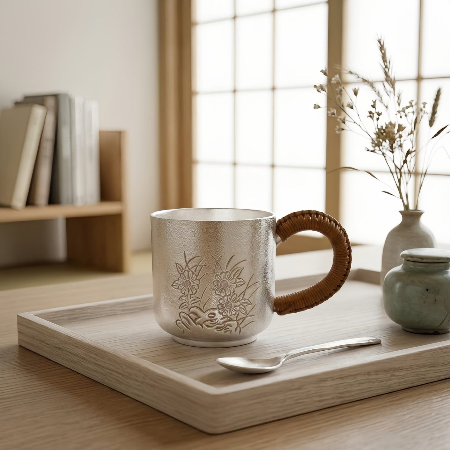 925 Sterling Silver Elegant Silver Tea Cup with Embossed Floral Design and Woven Rattan Handle - Handicraft