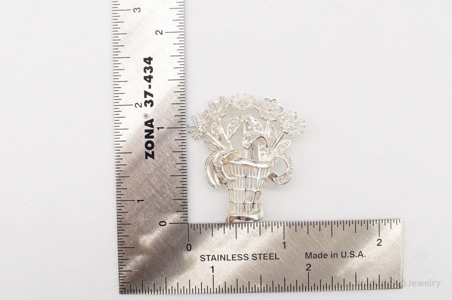 Vintage Mid Century German Sterling Silver Flower Basket Brooch Pin