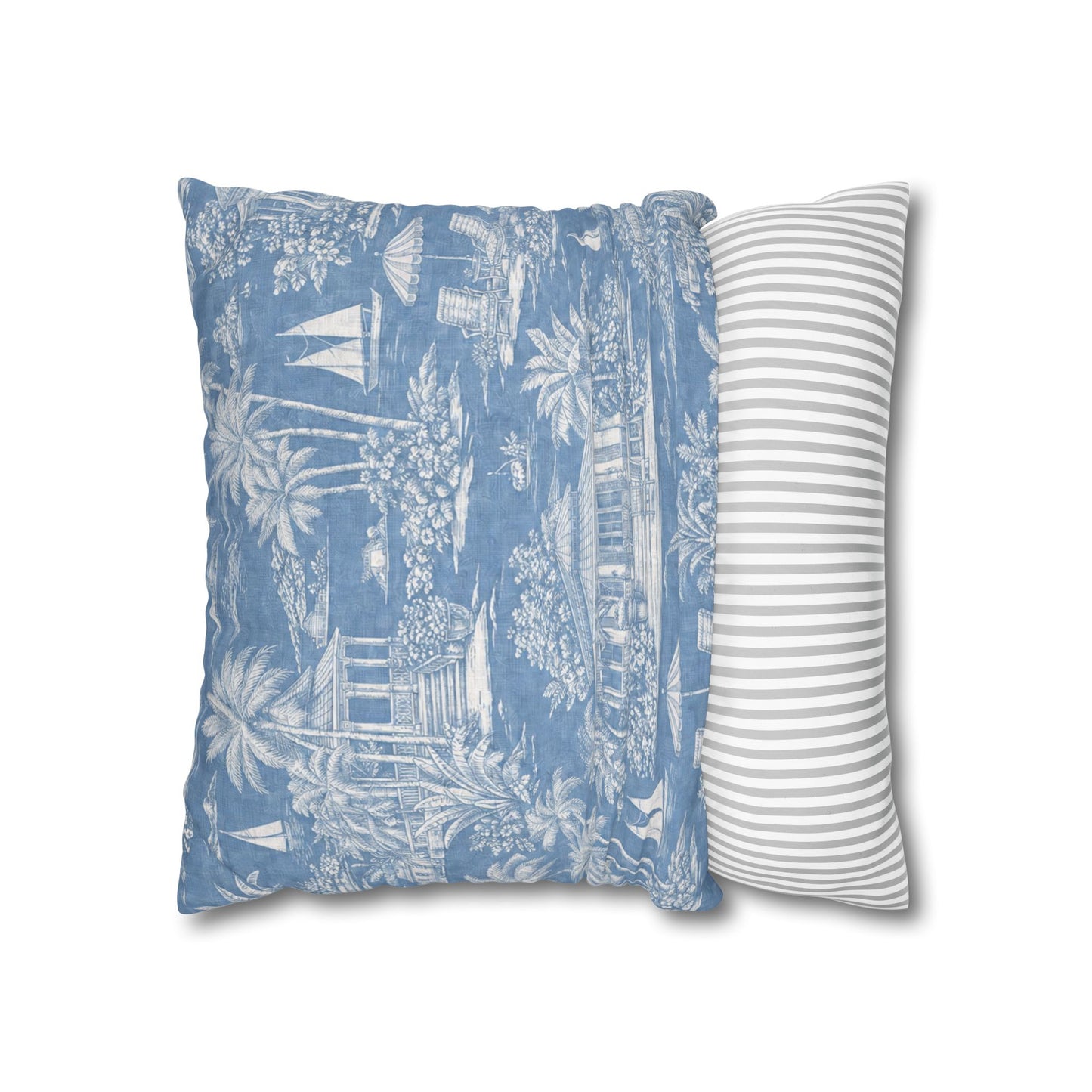 Tropical Beach Toile Pillowcase | Blue Island Cottage Coastal Throw Pillow Cover 18x18