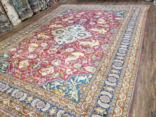 Antique Turkish Sivas Area Rug 8x11, Hand-Knotted, Vintage Red Wool Carpet, Gazelles Lions, Boteh Border, 8' x 11' Top Quality Oriental Rug