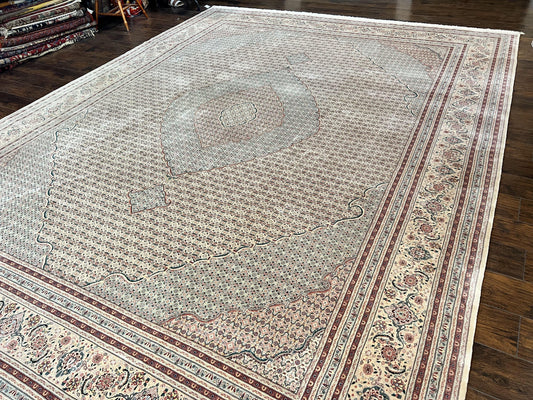 Pak Persian Rug 12x15, Wool & Silk Hand Knotted Vintage Carpet, Mahi Herati Pattern, Beige, Traditional Oversized Extra Large Oriental Rug