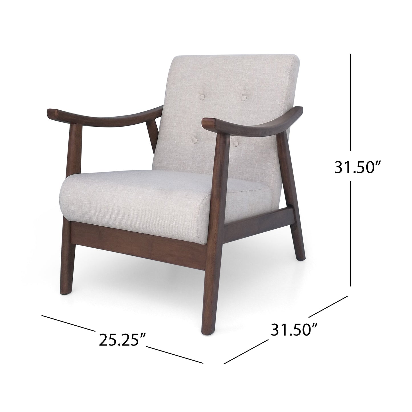 Accent Chair Mid-Century Tufted Beige Rubberwood Bent Arms 25x32x32 In