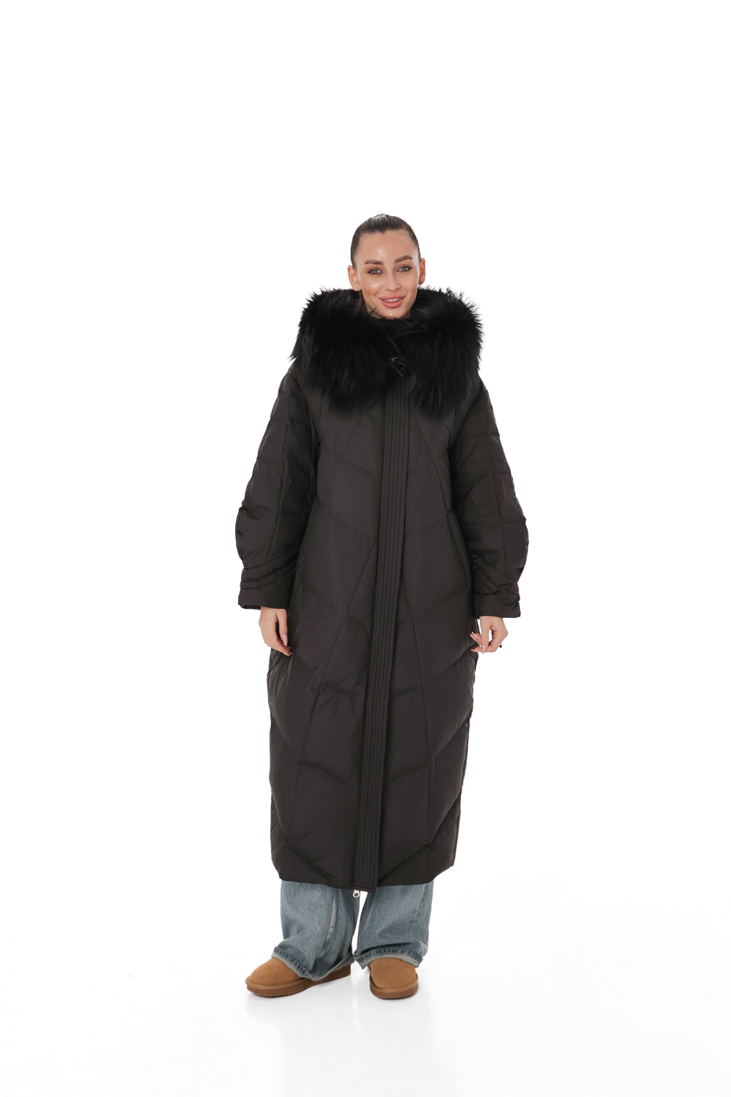 Genuine Silver Fox Fur Trim Down Coat