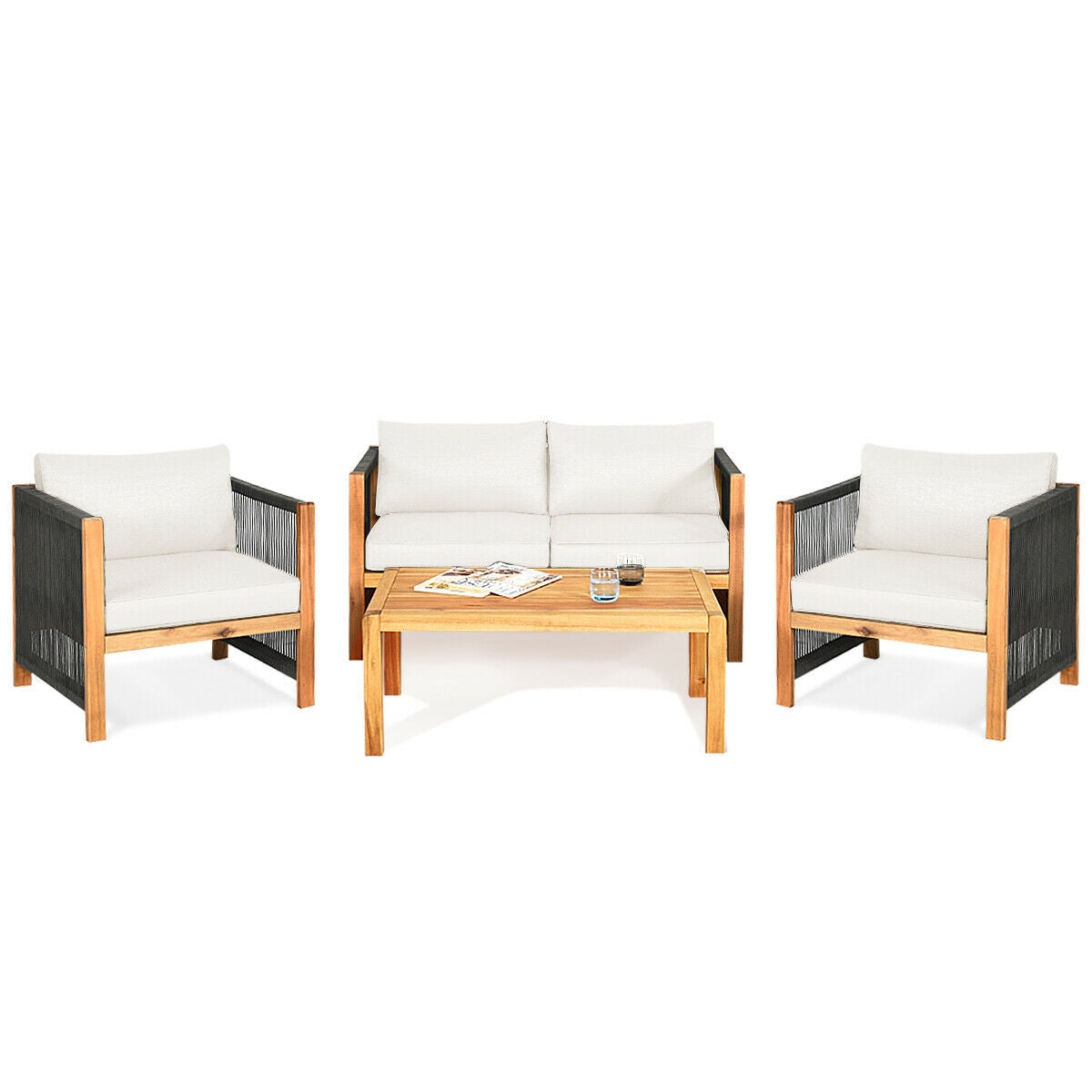 4 Pieces Acacia Wood Outdoor Patio Furniture Set with Cushions