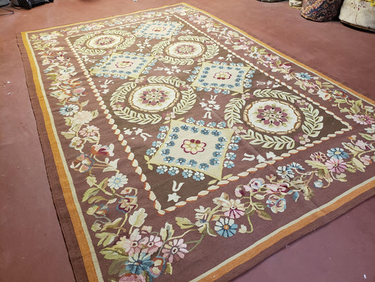 Aubusson Rug 6 x 9 Flat Weave Area Carpet European Design Flowers New Brown Rug Handmade Wool Hand-Knotted Aubusson Weave Medium Rug 6x9