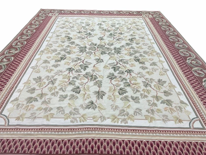 Aubusson Needlepoint Rug 9x12, Flatweave Carpet, Leaves, Wool, New, Handmade