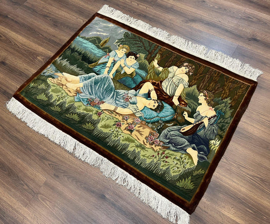 Persian Tabriz Pictorial Rug 5x3, Women Laying By River, Super Fine 60 Raj 480+ KPSI, Hand Knotted Wool Rug, Semi Antique Vintage Oriental Carpet