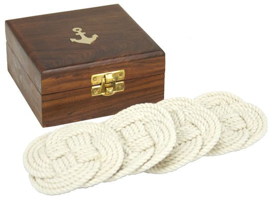 Nautical Anchor Coaster Set with Decorative Storage Box – 4 White Drink Coasters