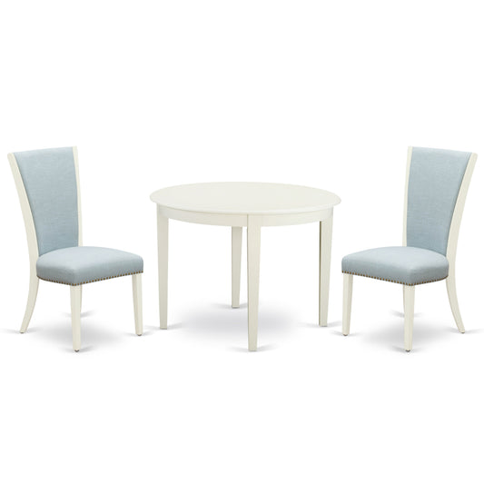 EAST WEST FURNITURE - BOVE3-WHI-15 - 3 Piece Dining Table Set - 2 Baby Blue Linen Fabric Kitchen Chairs with High Back and 1 Modern Rectangular Dining Table - linen white Finish