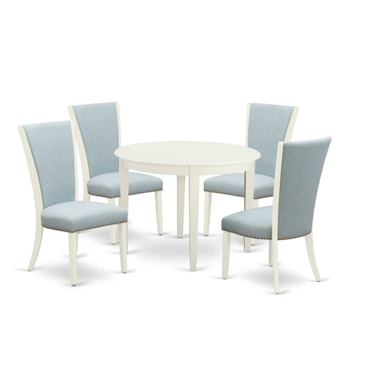 EAST WEST FURNITURE - BOVE5-WHI-15 - 5 Pc Modern Dining Table Set - 4 Baby Blue Linen Fabric Mid Century Dining Chairs with High Back and 1 Modern Dining Table - linen white Finish