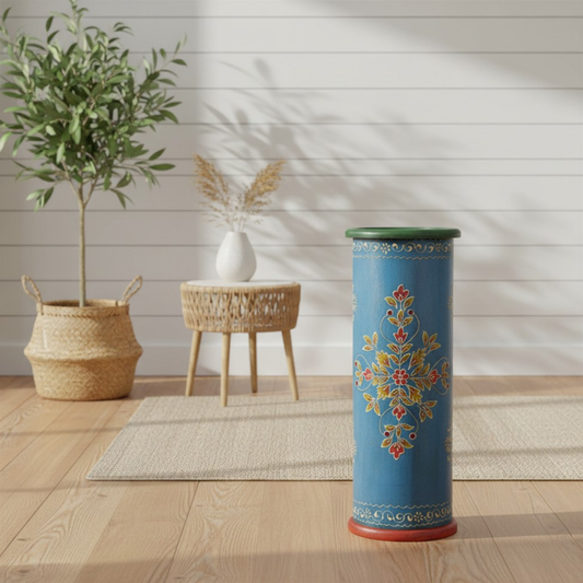 Hand-Painted Blue Wooden Umbrella Stand - Rustic Artisan Entryway Umbrella Holder