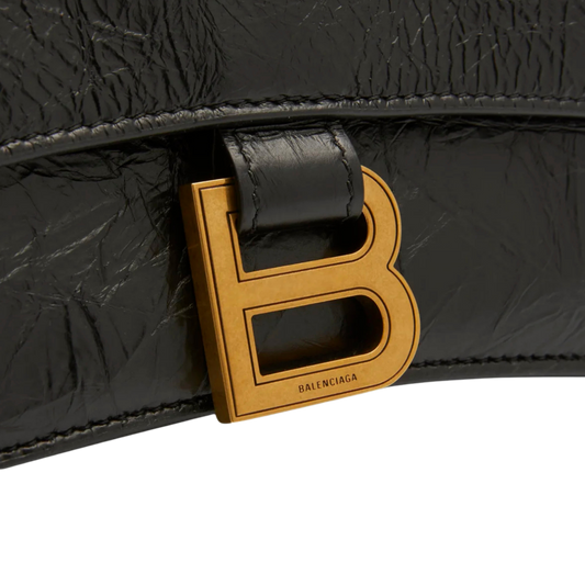 Balenciaga Crush Small Leather Shoulder Bag - Black Crinkled Calfskin Designer Handbag