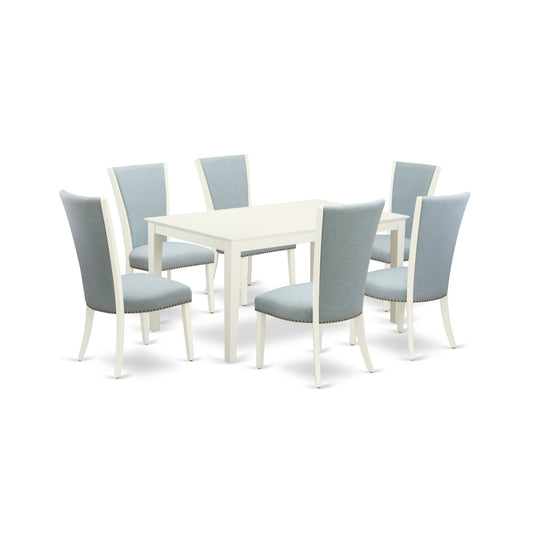 EAST WEST FURNITURE - CAVE7-LWH-15 - 7 Piece Dining Room Set - 6 Baby Blue Linen Fabric Dining Padded Chairs with High Back and 1 Kitchen Dining Table - linen white Finish