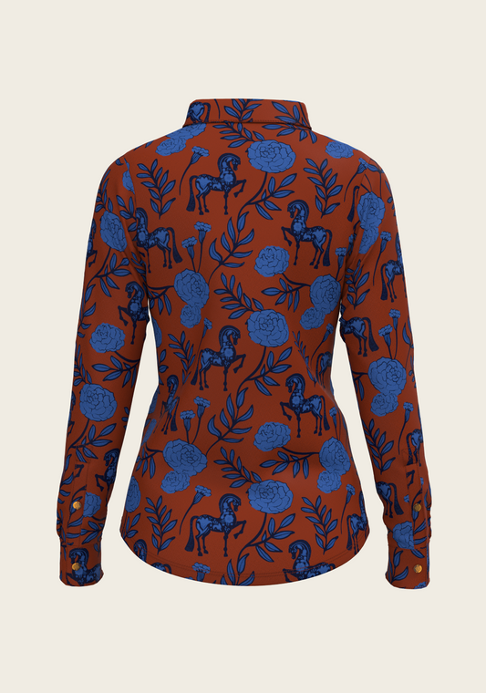 Peony Navy on Tan Ladies Casual Button Shirt