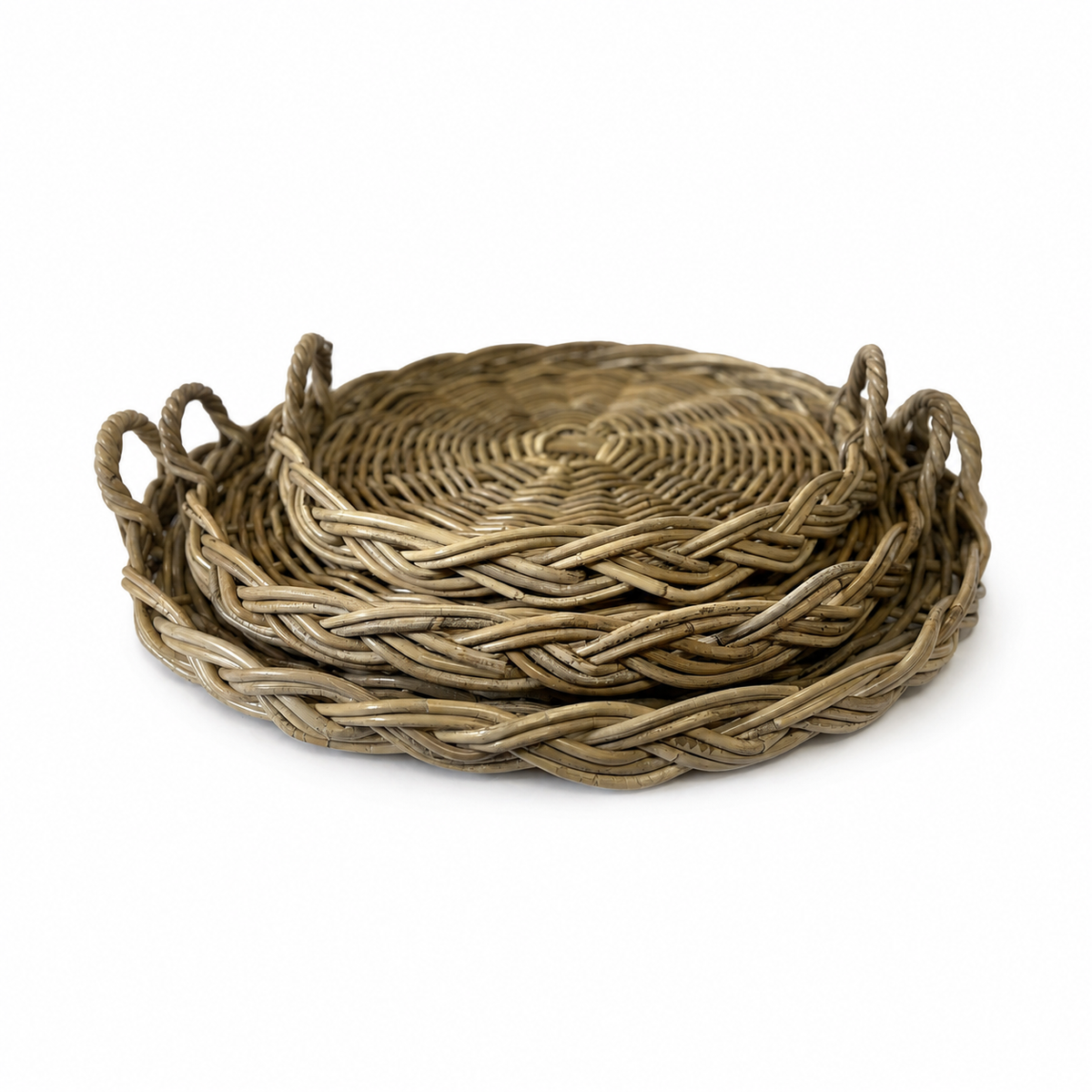 A set of three nested round woven wicker baskets with loop handles, shown on a clean white background.