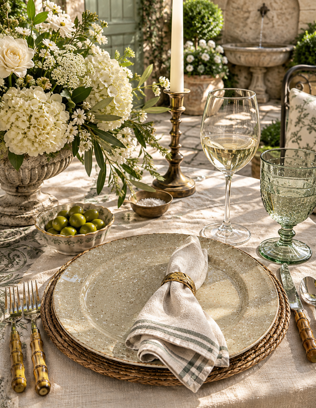 An outdoor dining table setting with a rustic place setting featuring a speckled gray charger plate, a woven placemat, a striped linen napkin, gold-toned cutlery, a glass of white wine, and a large white floral arrangement in the background.