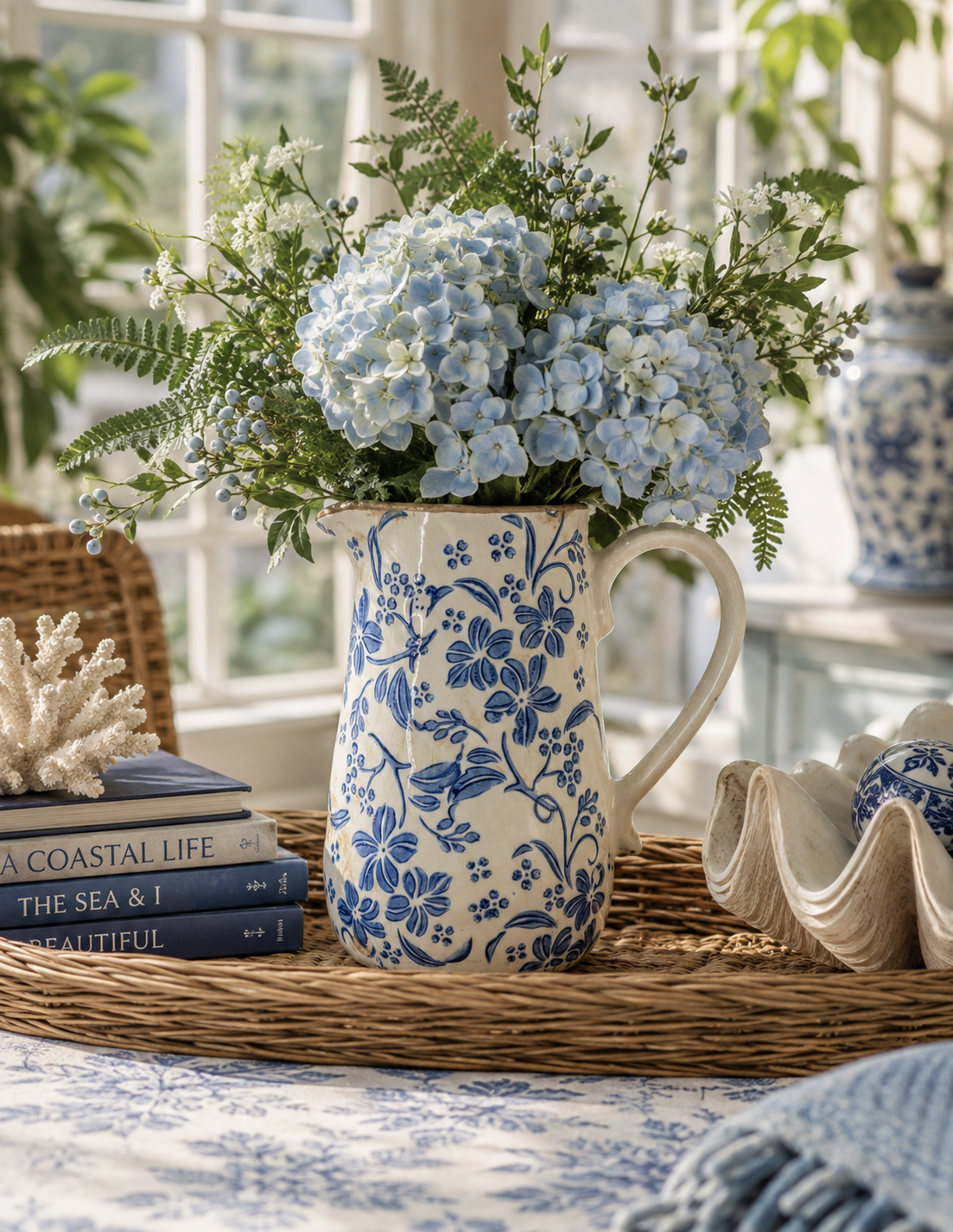 A blue and white floral ceramic pitcher filled with light blue hydrangeas and green foliage, styled on a woven tray in a bright coastal-themed room.