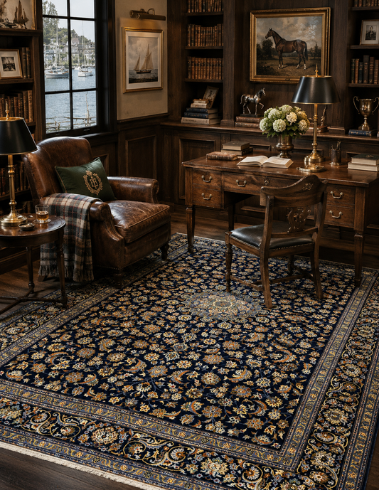 Antique Persian Kashan Hand-Knotted Wool Rug – Navy Blue & Gold, 11' x 13'